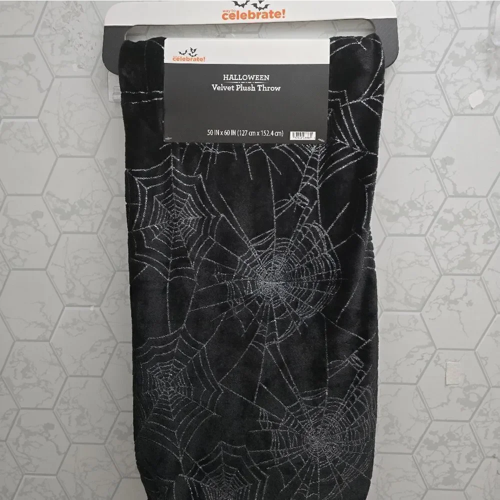 Halloween velvet plush throw blanket- Black w Silver Metallic Spiderwebs- 50x60